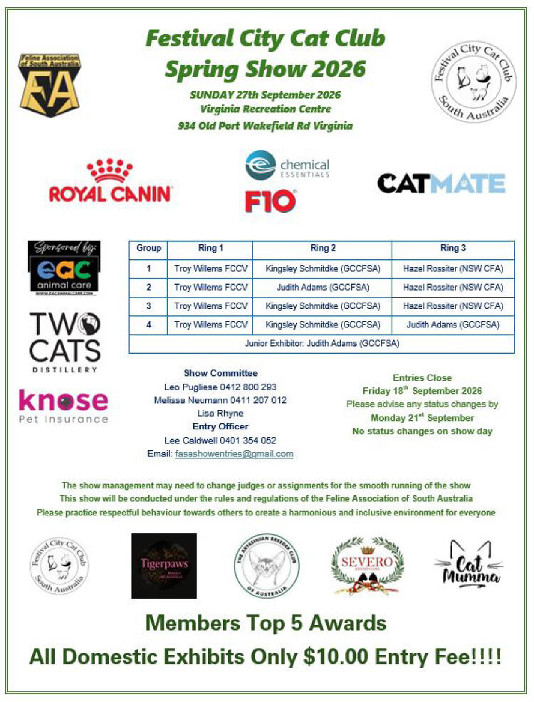 Festival City Cat Club September 2026 show schedule